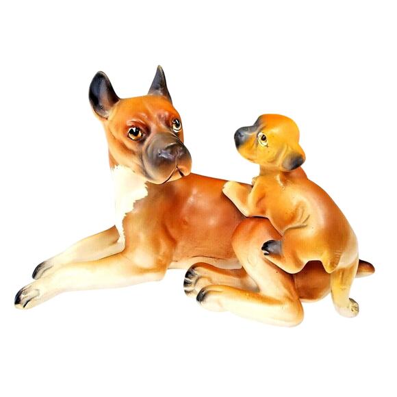 Lefton Norcrest Boxer Dog w Puppy Playful Pup Dogs Figurines Vintage Collectible - Picture 1 of 12